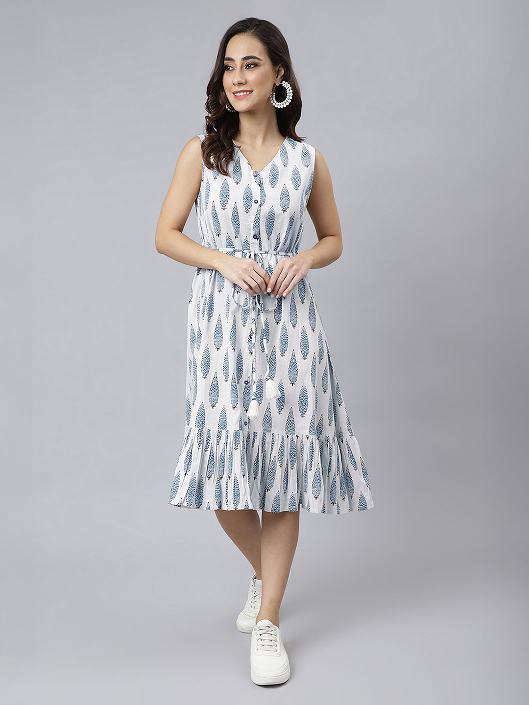 Janasya White Fit & Flare Cotton Dress | Grocsy