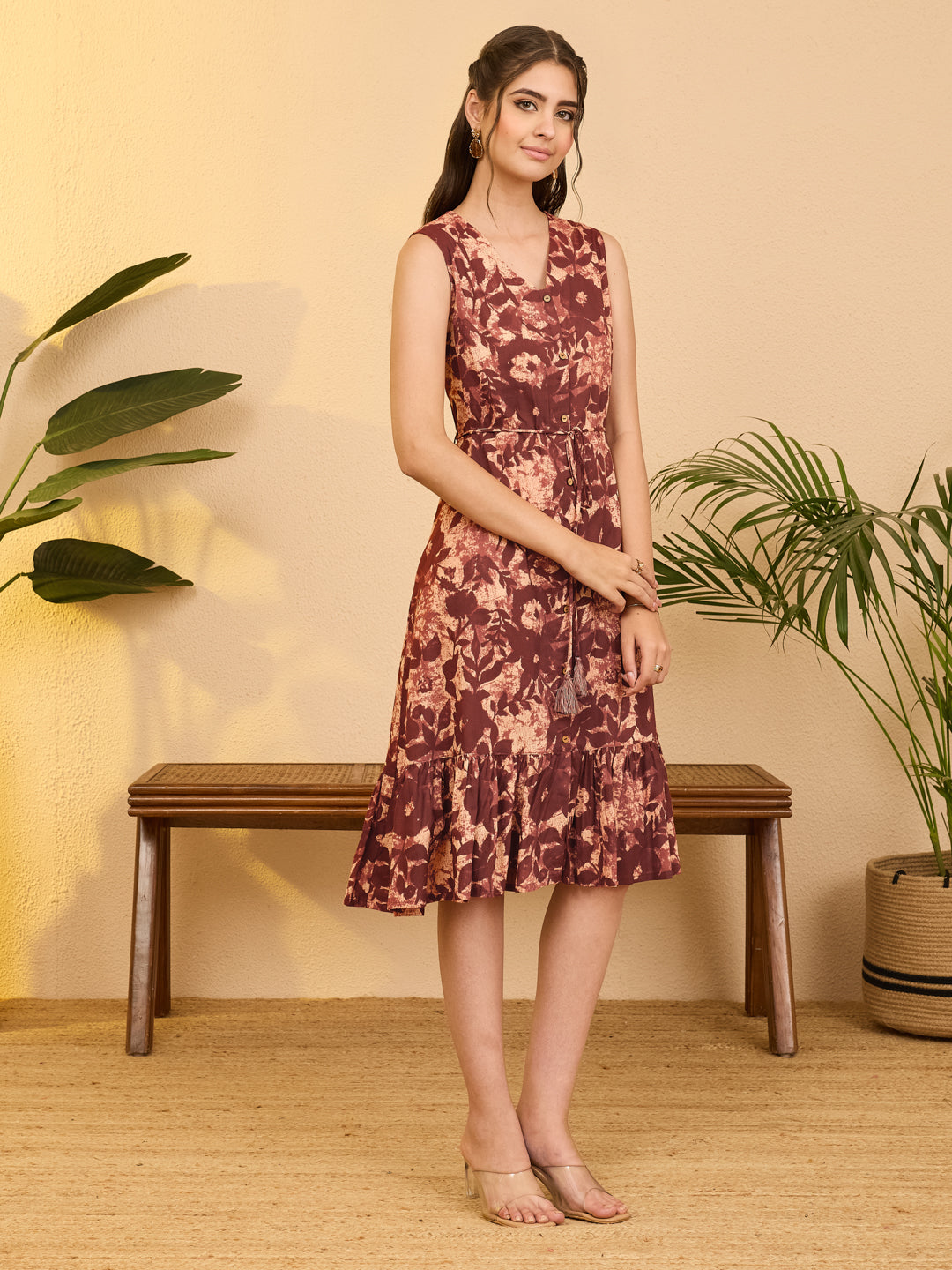 Janasya Rust Fit & Flare Cotton Dress | Grocsy
