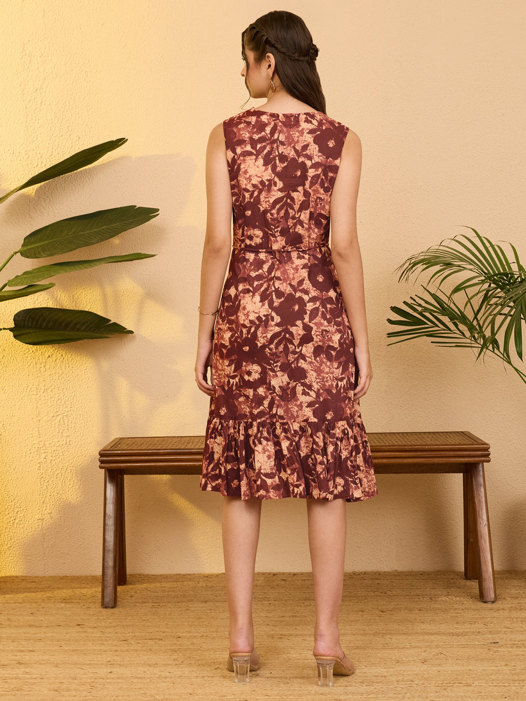 Janasya Rust Fit & Flare Cotton Dress | Grocsy