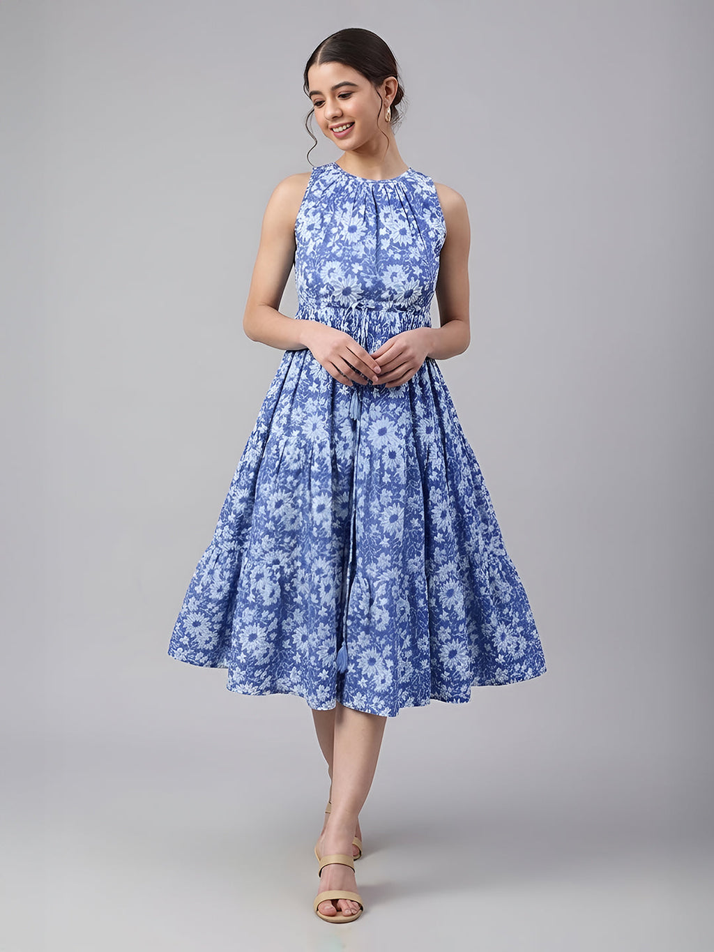 Janasya Blue Tiered Cotton Dress | Grocsy