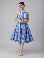 Janasya Blue Tiered Cotton Dress | Grocsy