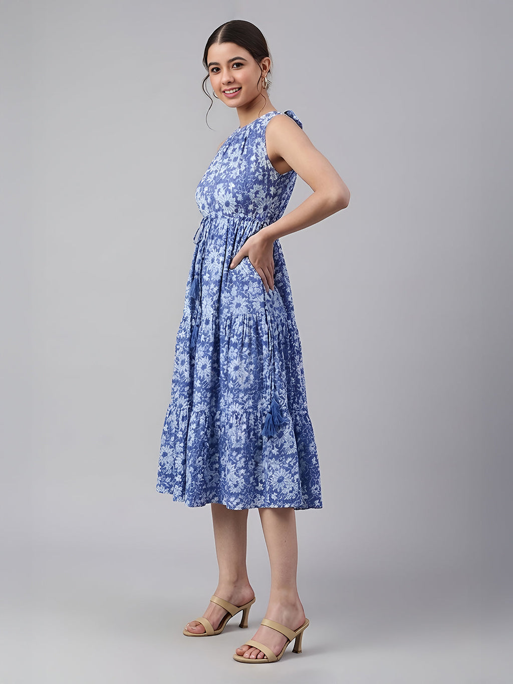 Janasya Blue Tiered Cotton Dress | Grocsy