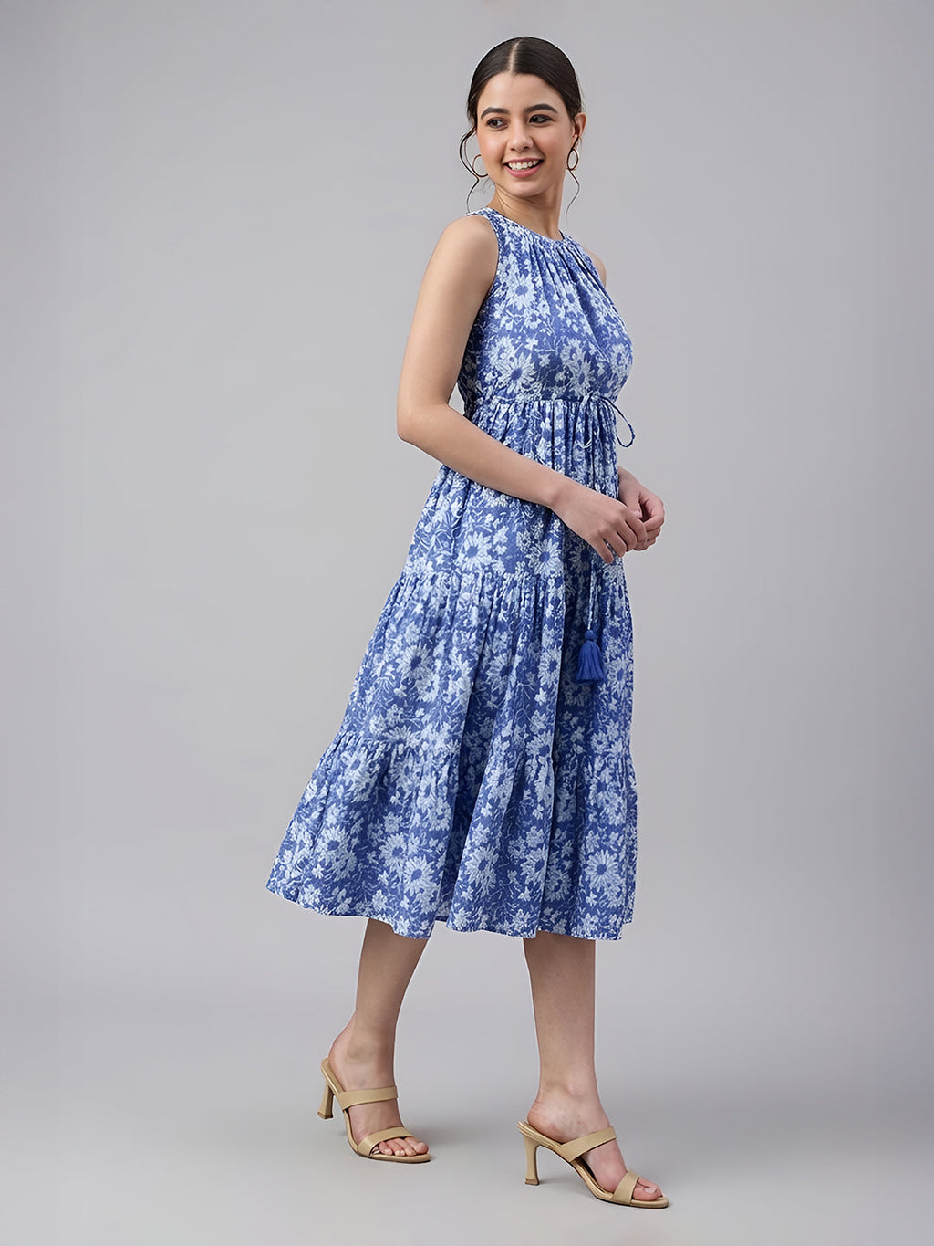 Janasya Blue Tiered Cotton Dress | Grocsy