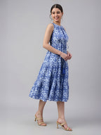 Janasya Blue Tiered Cotton Dress | Grocsy