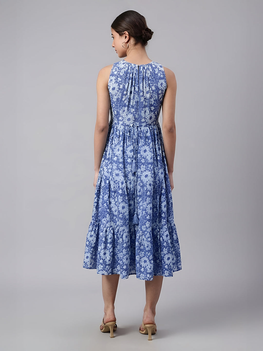 Janasya Blue Tiered Cotton Dress | Grocsy