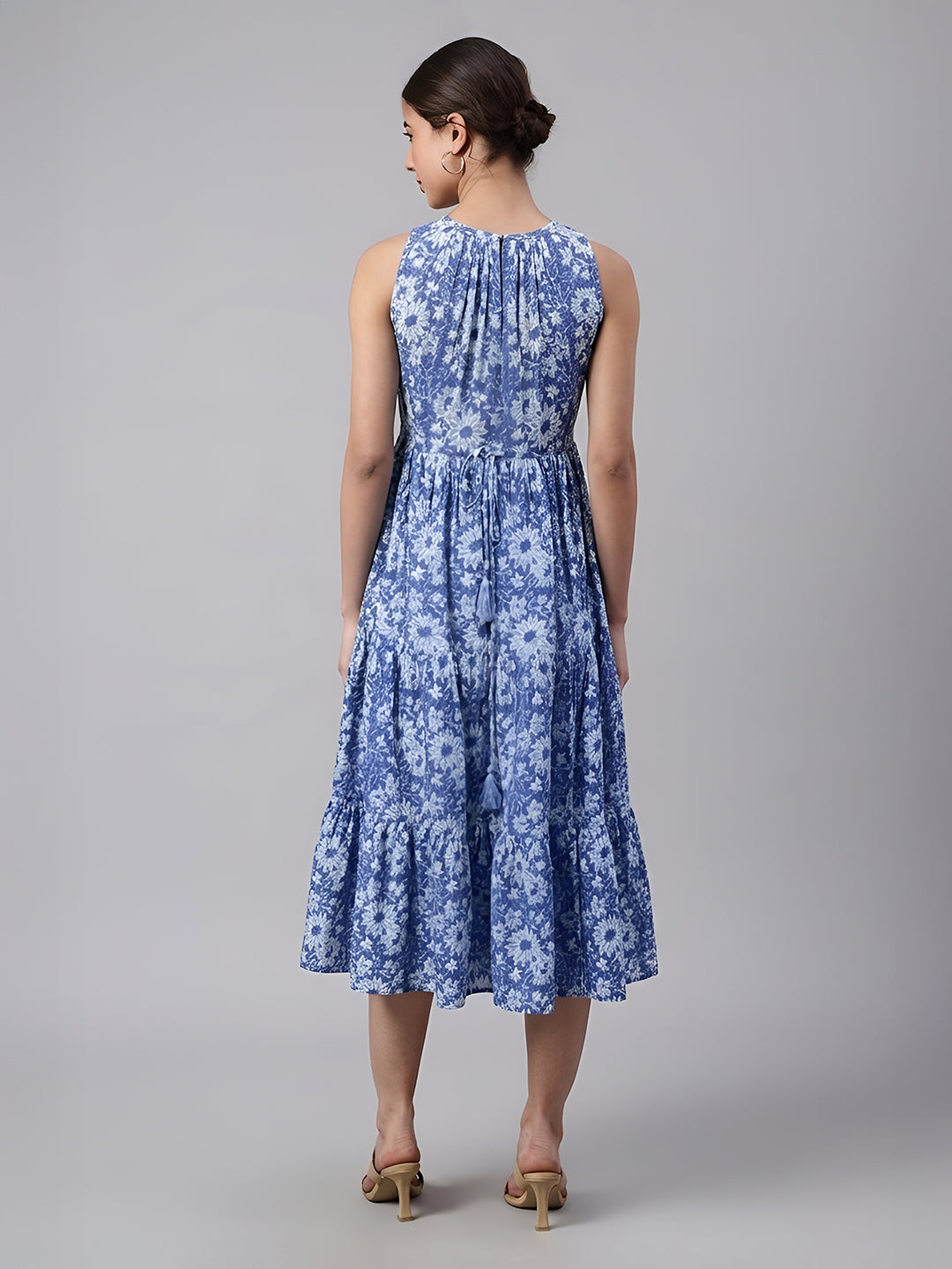 Janasya Blue Tiered Cotton Dress | Grocsy