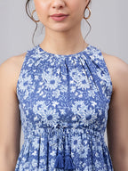 Janasya Blue Tiered Cotton Dress | Grocsy