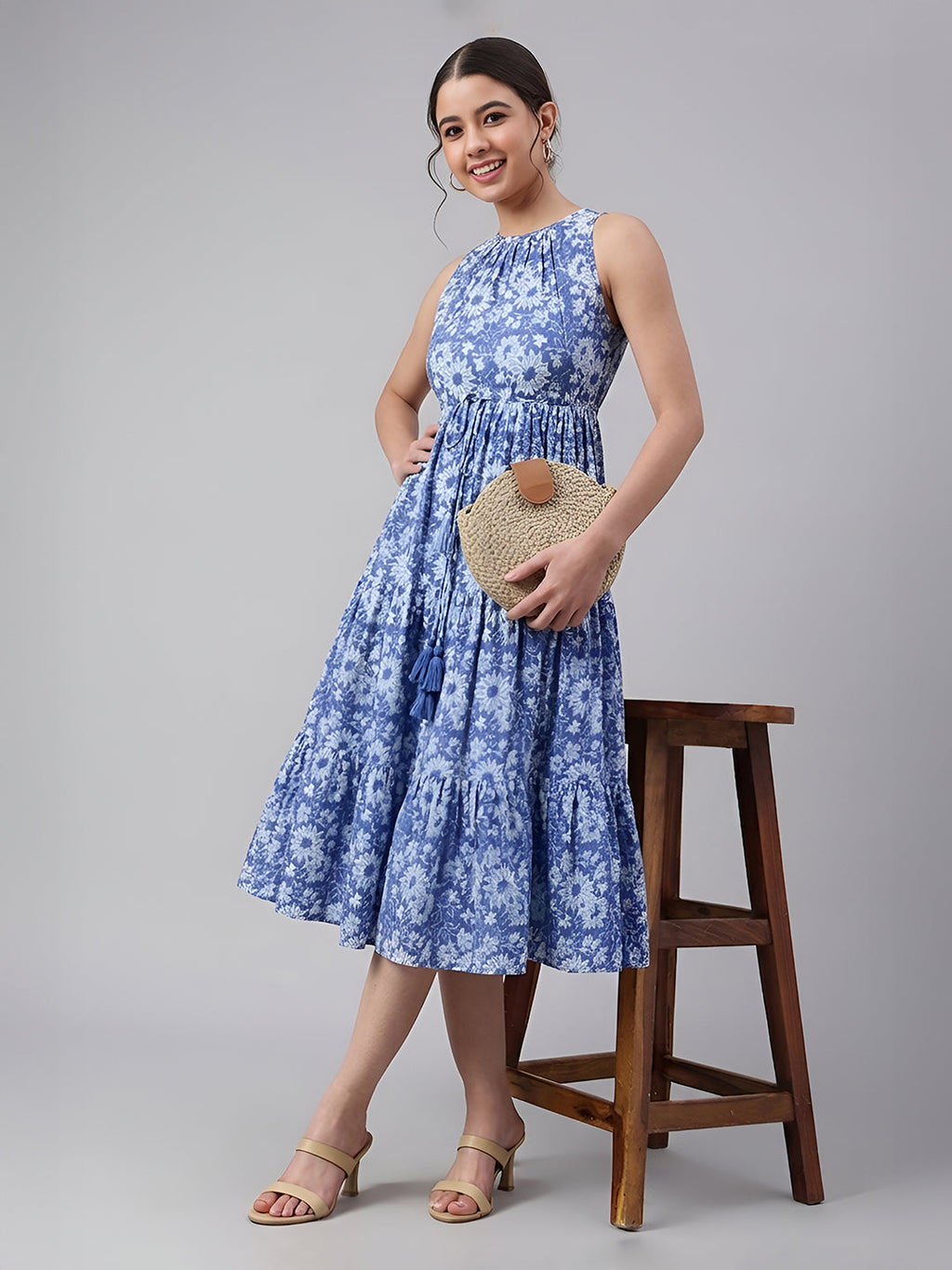 Janasya Blue Tiered Cotton Dress | Grocsy