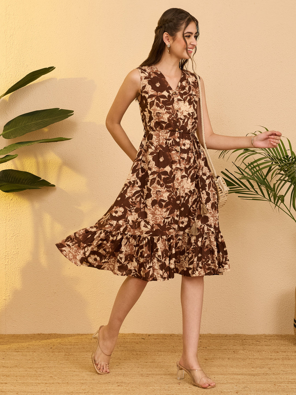 Janasya Brown Fit & Flare Cotton Dress | Grocsy