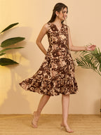 Janasya Brown Fit & Flare Cotton Dress | Grocsy