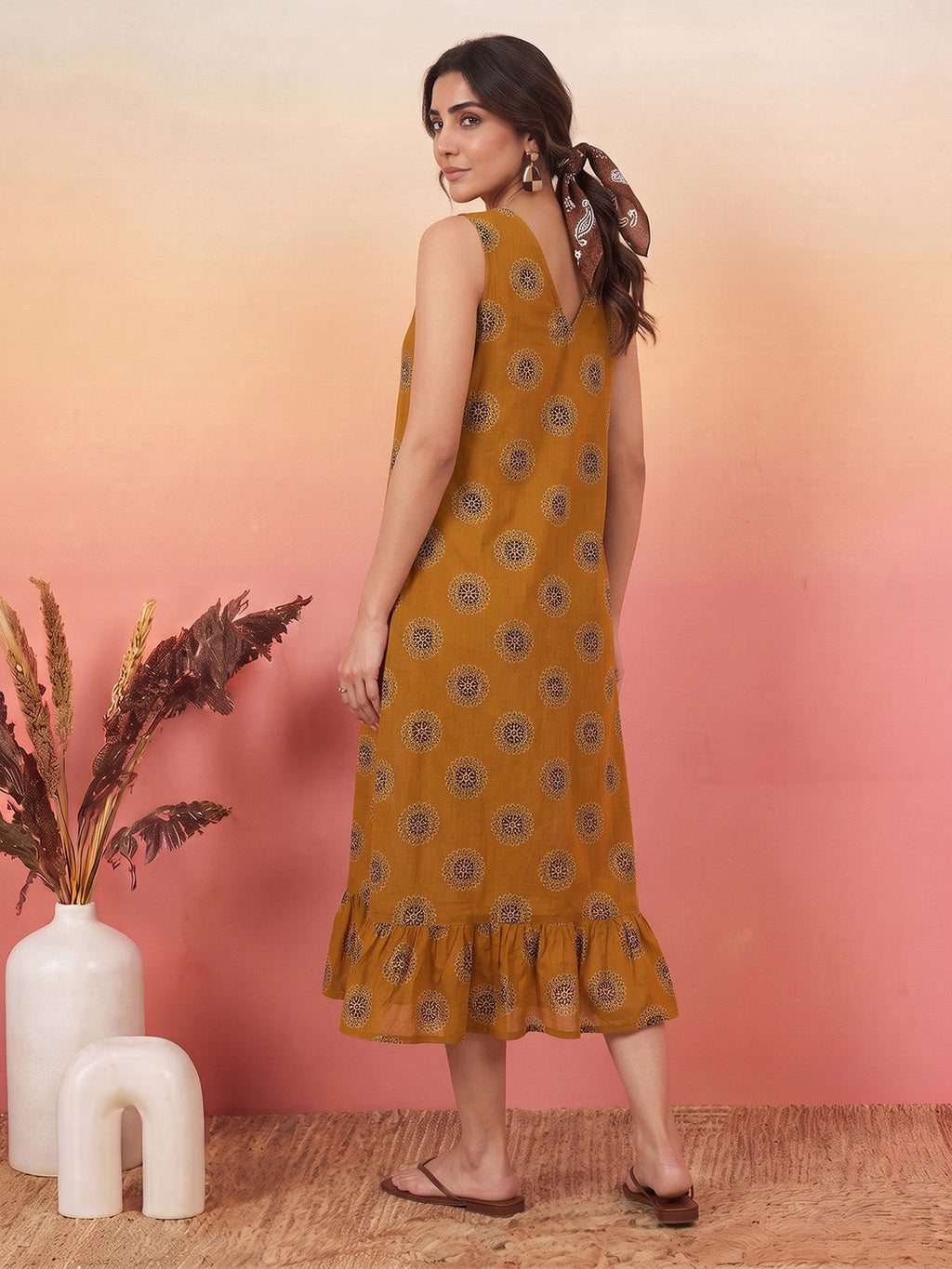Janasya Mustard A-Line Cotton Dress | Grocsy