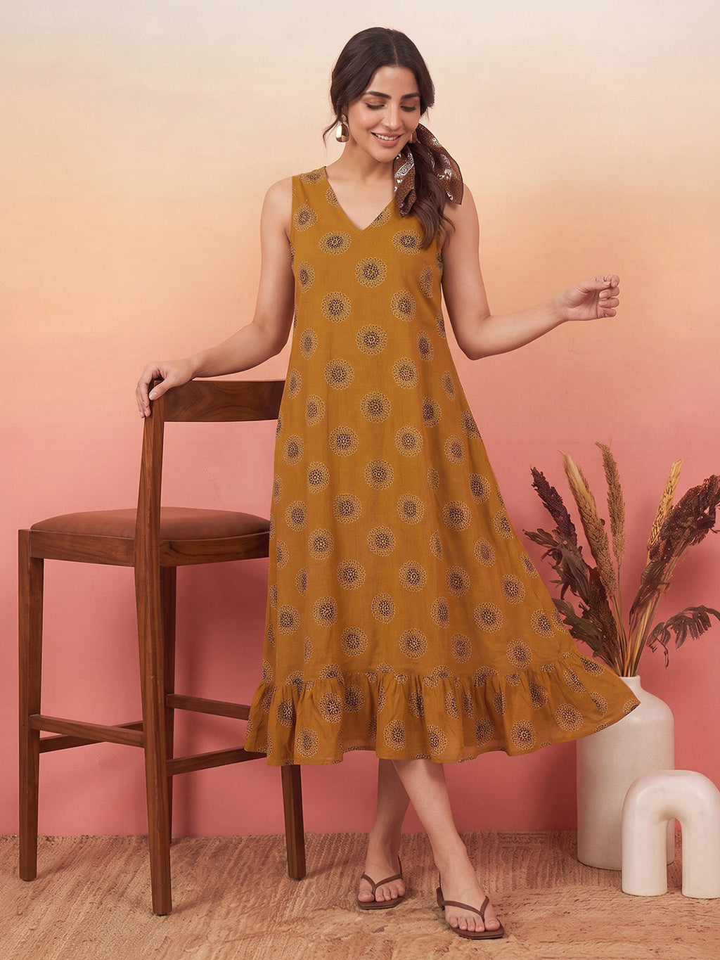Janasya Mustard A-Line Cotton Dress | Grocsy