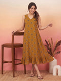 Janasya Mustard A-Line Cotton Dress | Grocsy