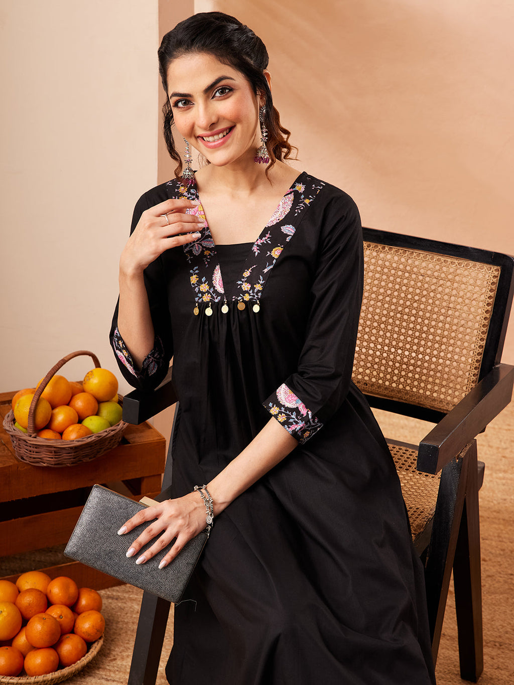 Janasya Black A-Line Cotton Kurta & Bottom | Grocsy