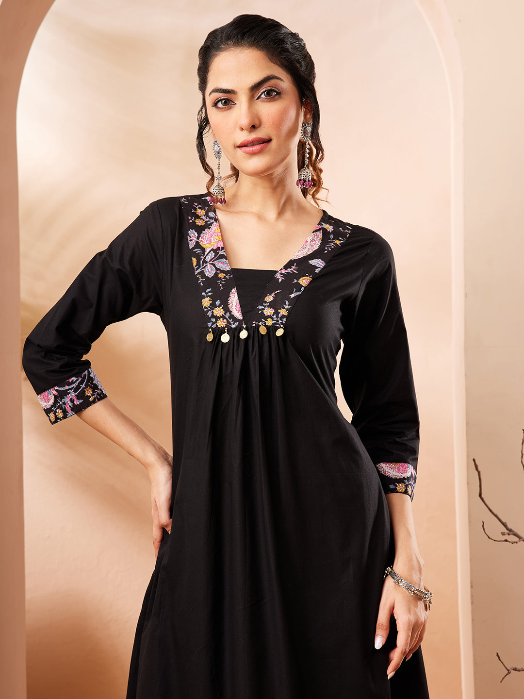 Janasya Black A-Line Cotton Kurta & Bottom | Grocsy