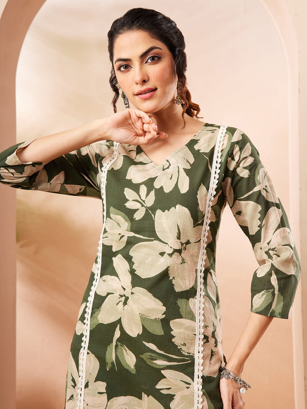 Janasya Olive Straight Cotton Kurta & Bottom | Grocsy