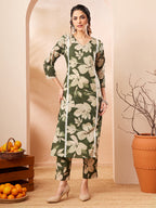 Janasya Olive Straight Cotton Kurta & Bottom | Grocsy