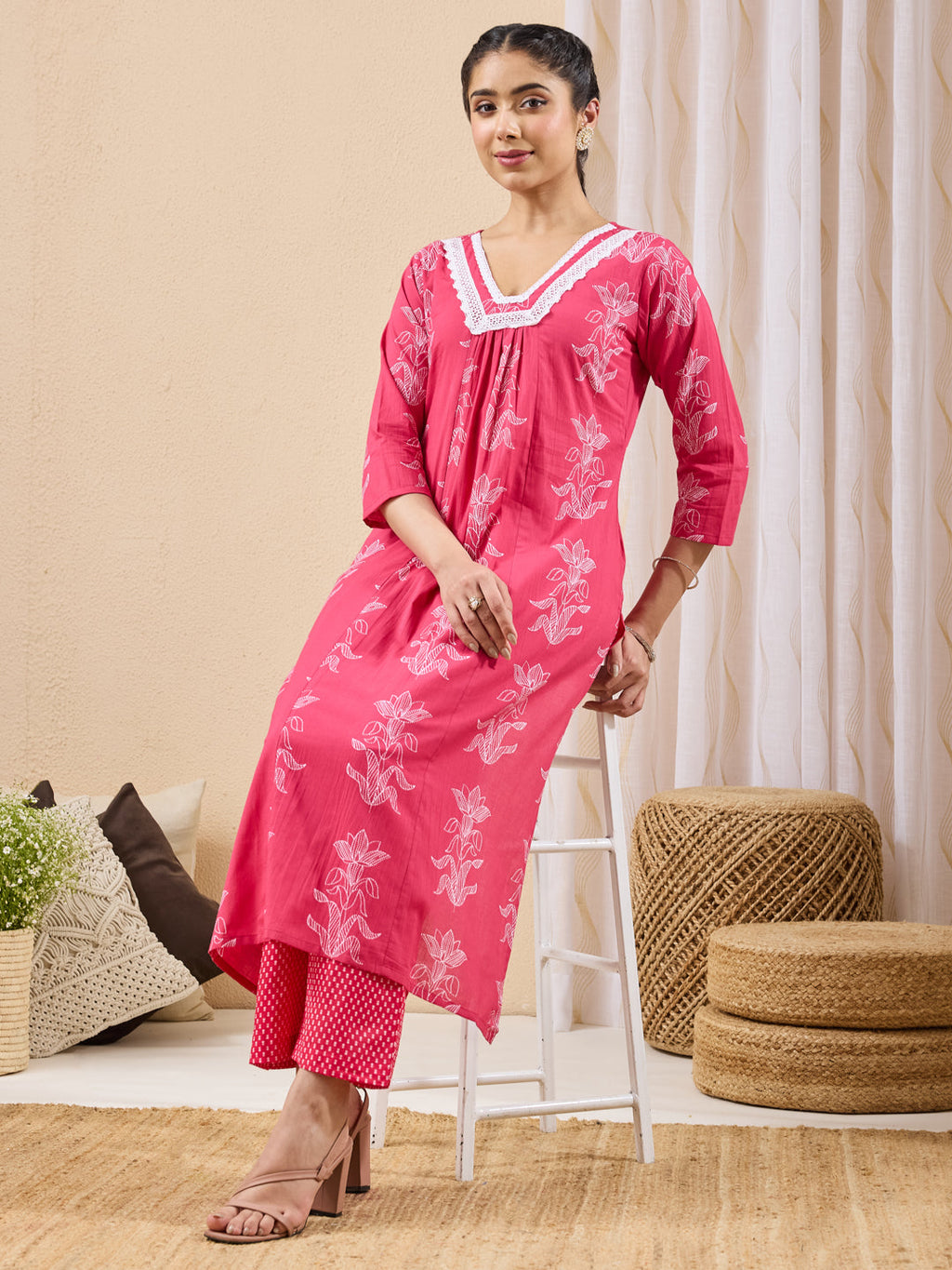 Janasya Pink A-Line Cotton Kurta & Bottom | Grocsy