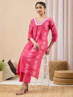 Janasya Pink A-Line Cotton Kurta & Bottom | Grocsy