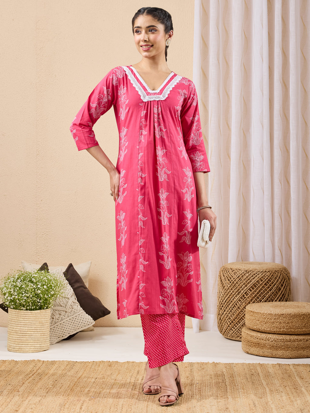 Janasya Pink A-Line Cotton Kurta & Bottom | Grocsy