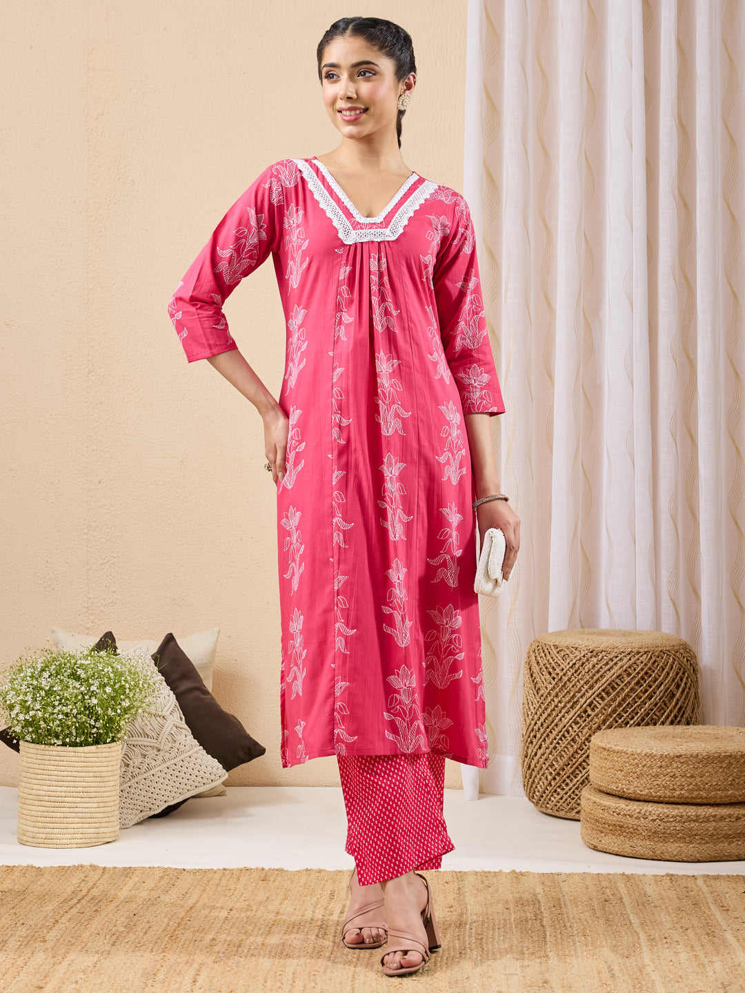 Janasya Pink A-Line Cotton Kurta & Bottom | Grocsy