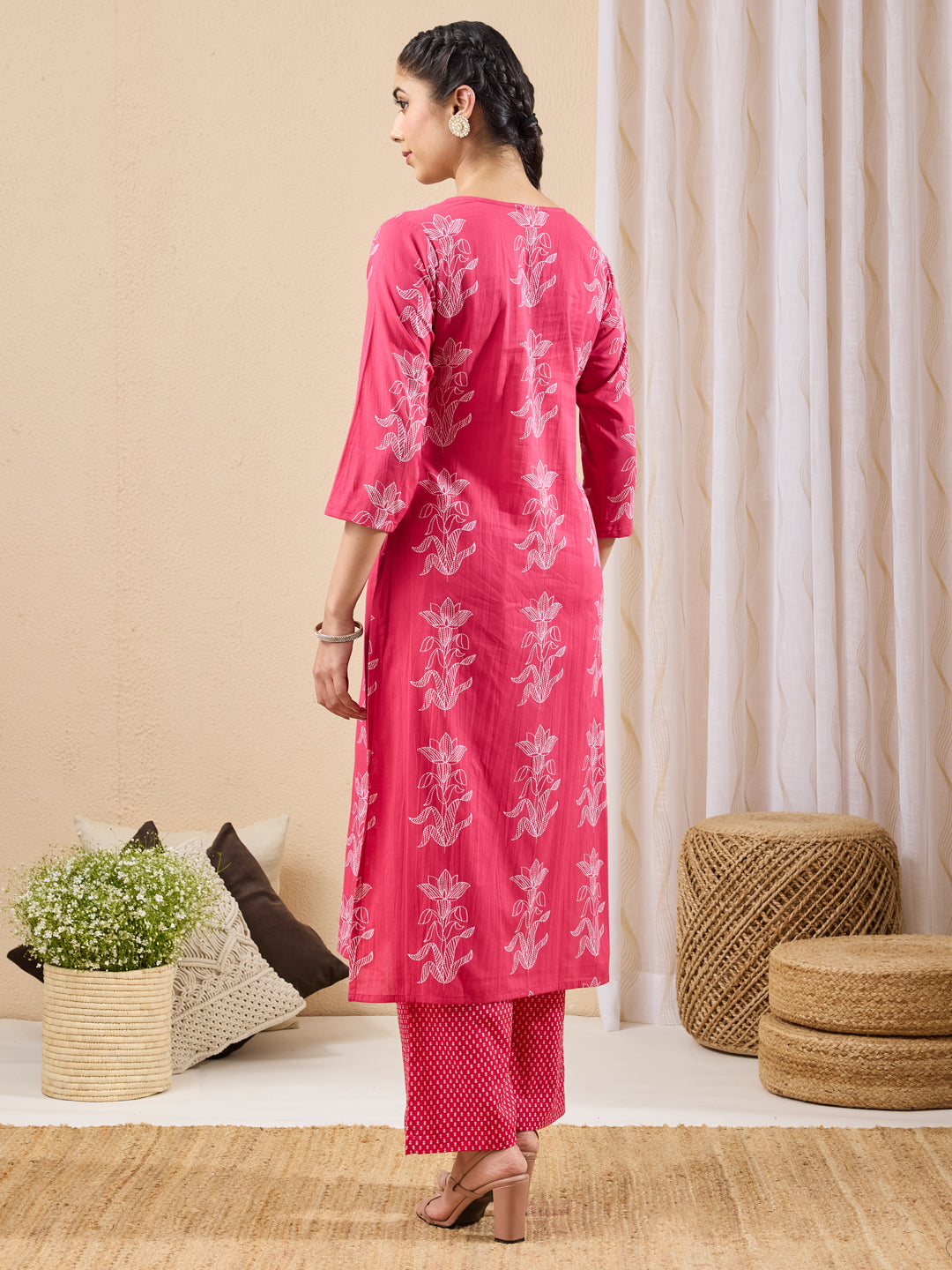 Janasya Pink A-Line Cotton Kurta & Bottom | Grocsy
