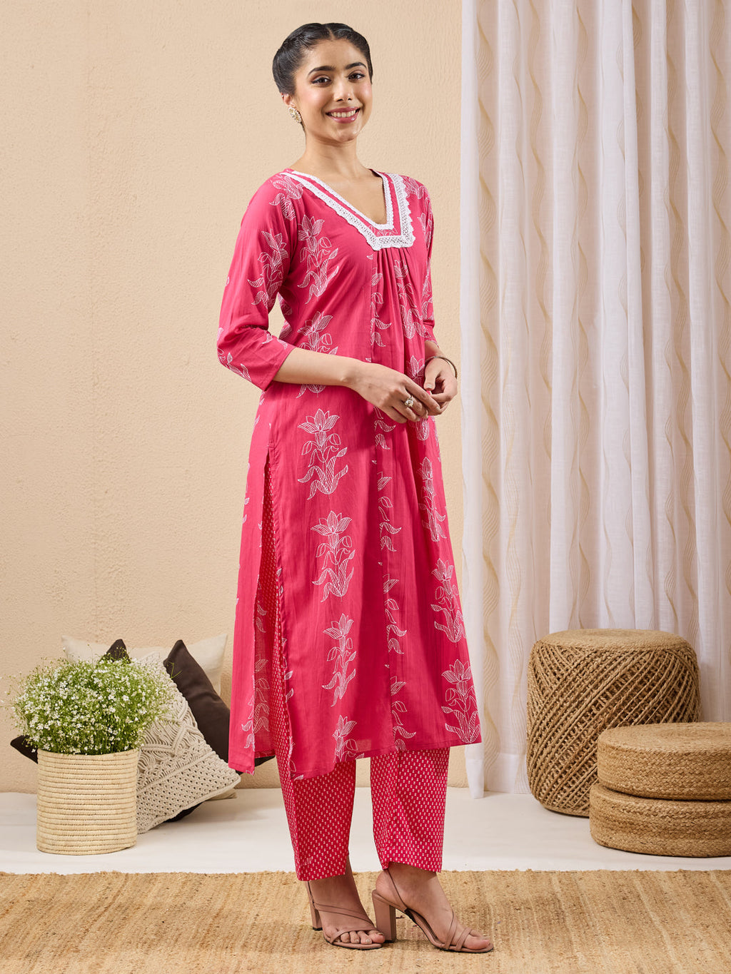 Janasya Pink A-Line Cotton Kurta & Bottom | Grocsy