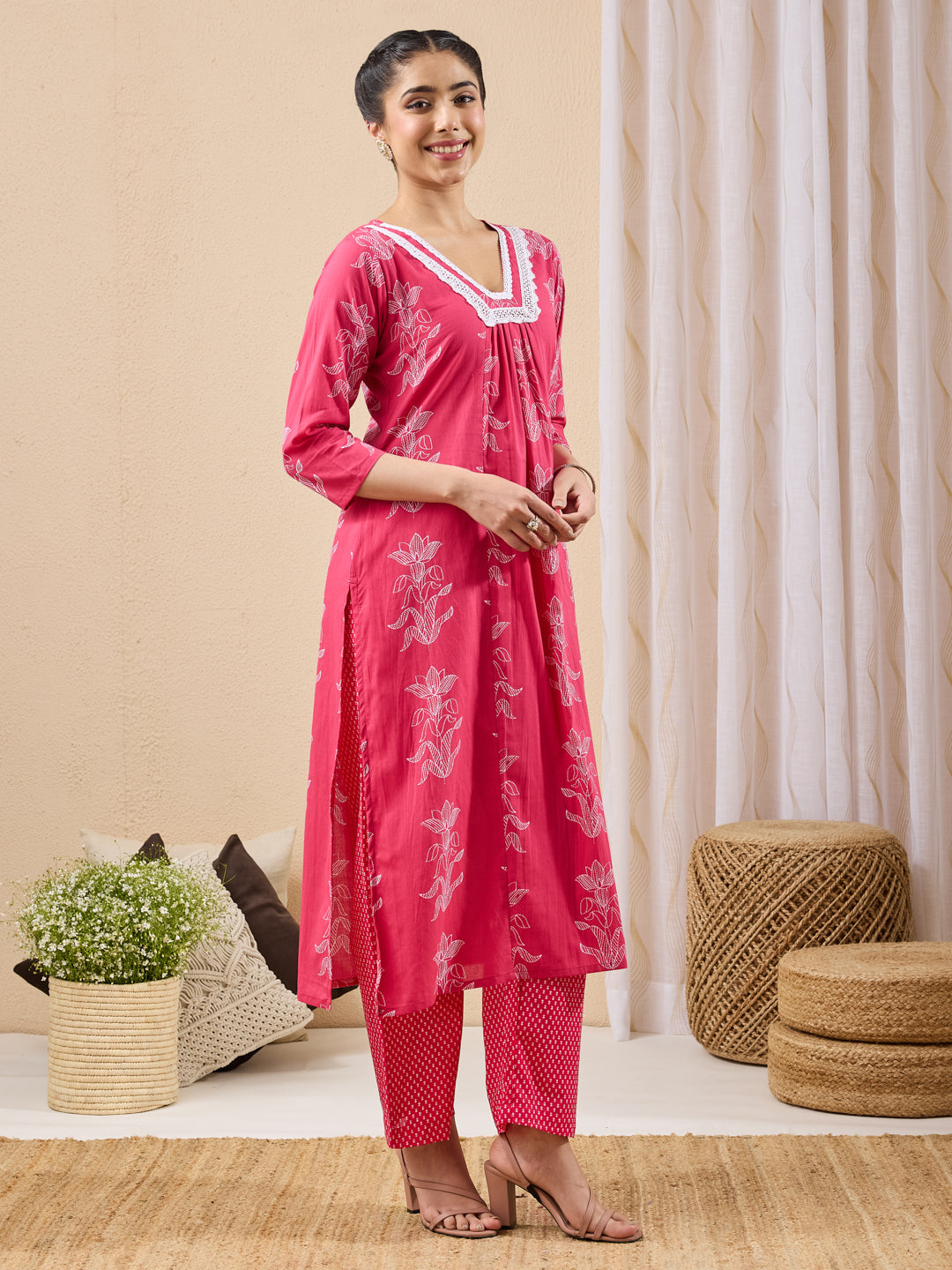 Janasya Pink A-Line Cotton Kurta & Bottom | Grocsy