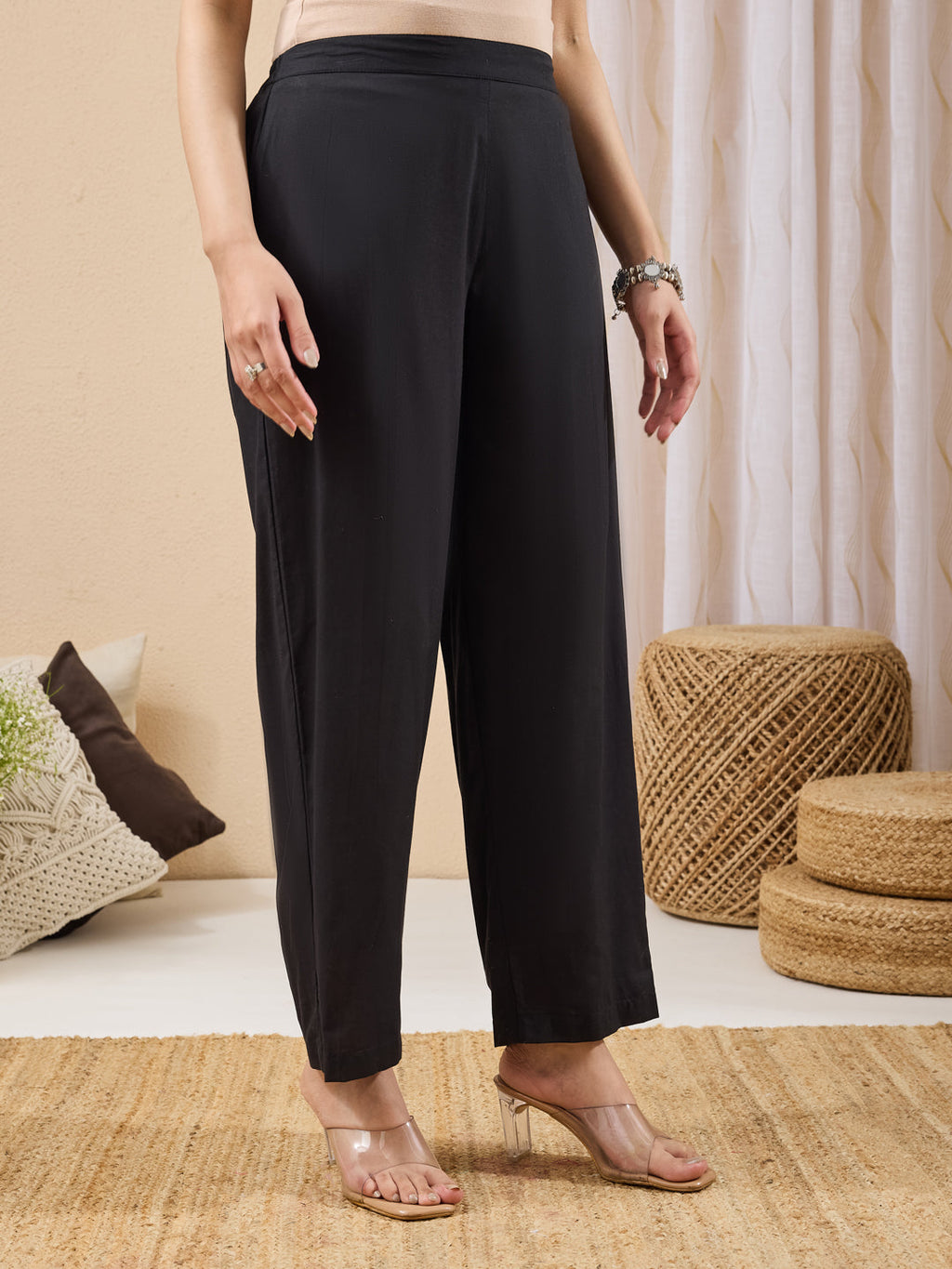 Janasya Black A-Line Cotton Kurta & Bottom | Grocsy