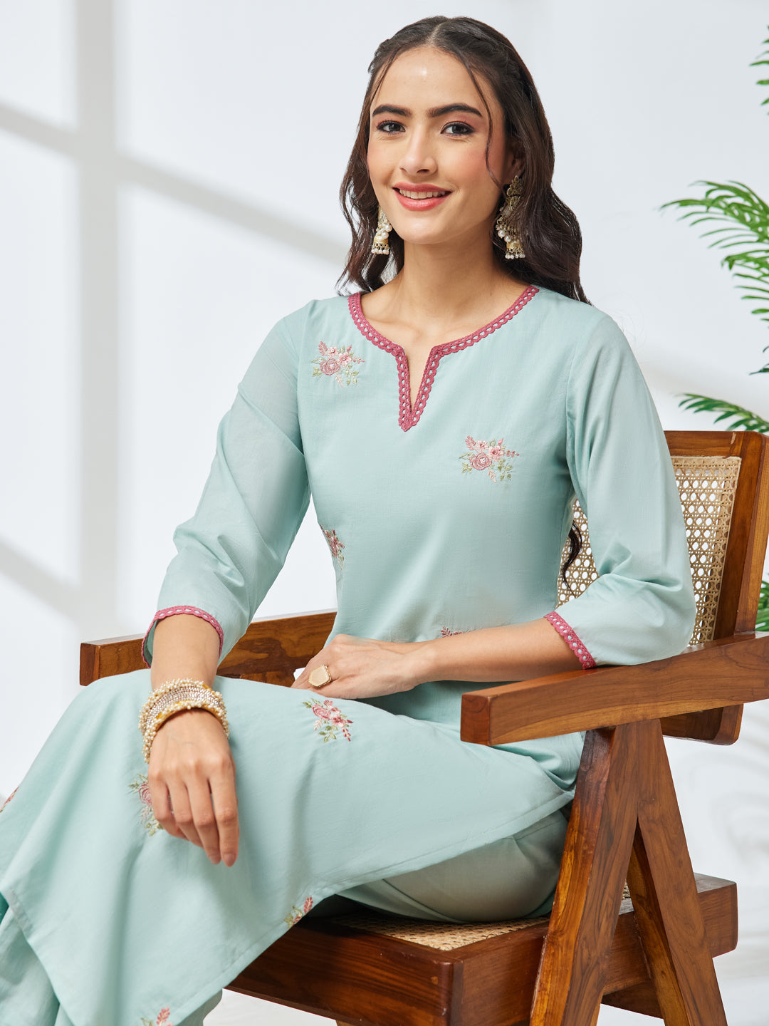 Janasya Sea Green Straight Cotton Kurta & Bottom | Grocsy