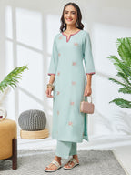 Janasya Sea Green Straight Cotton Kurta & Bottom | Grocsy