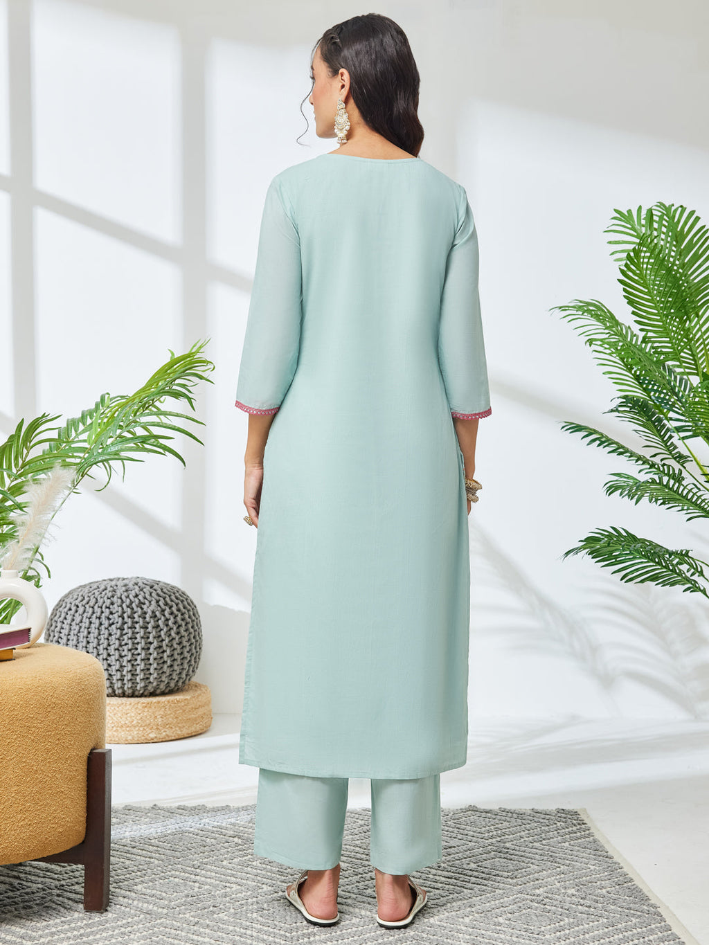 Janasya Sea Green Straight Cotton Kurta & Bottom | Grocsy