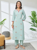 Janasya Sea Green Straight Cotton Kurta & Bottom | Grocsy