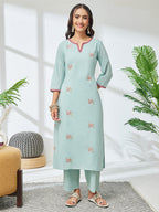 Janasya Sea Green Straight Cotton Kurta & Bottom | Grocsy