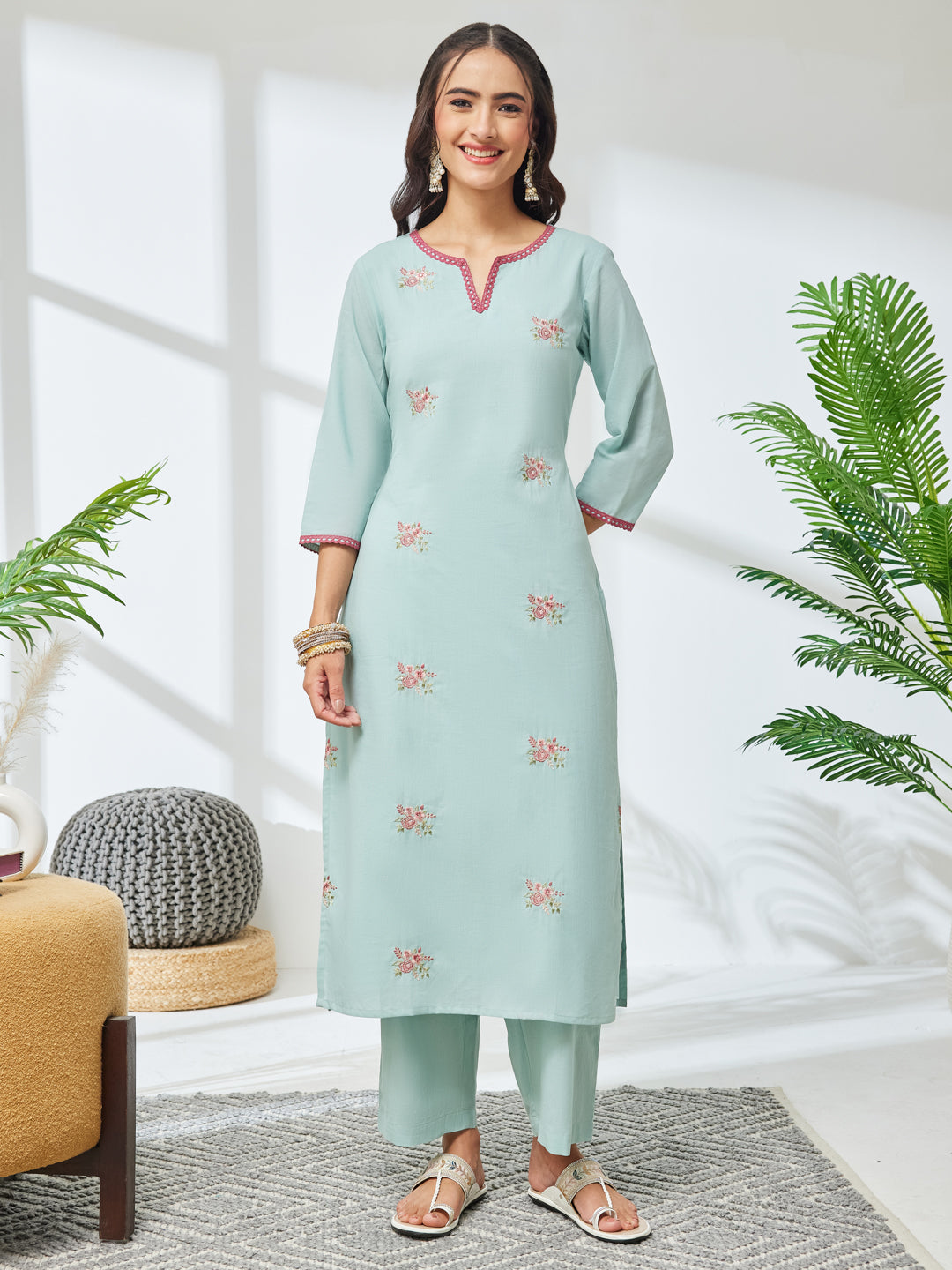 Janasya Sea Green Straight Cotton Kurta & Bottom | Grocsy