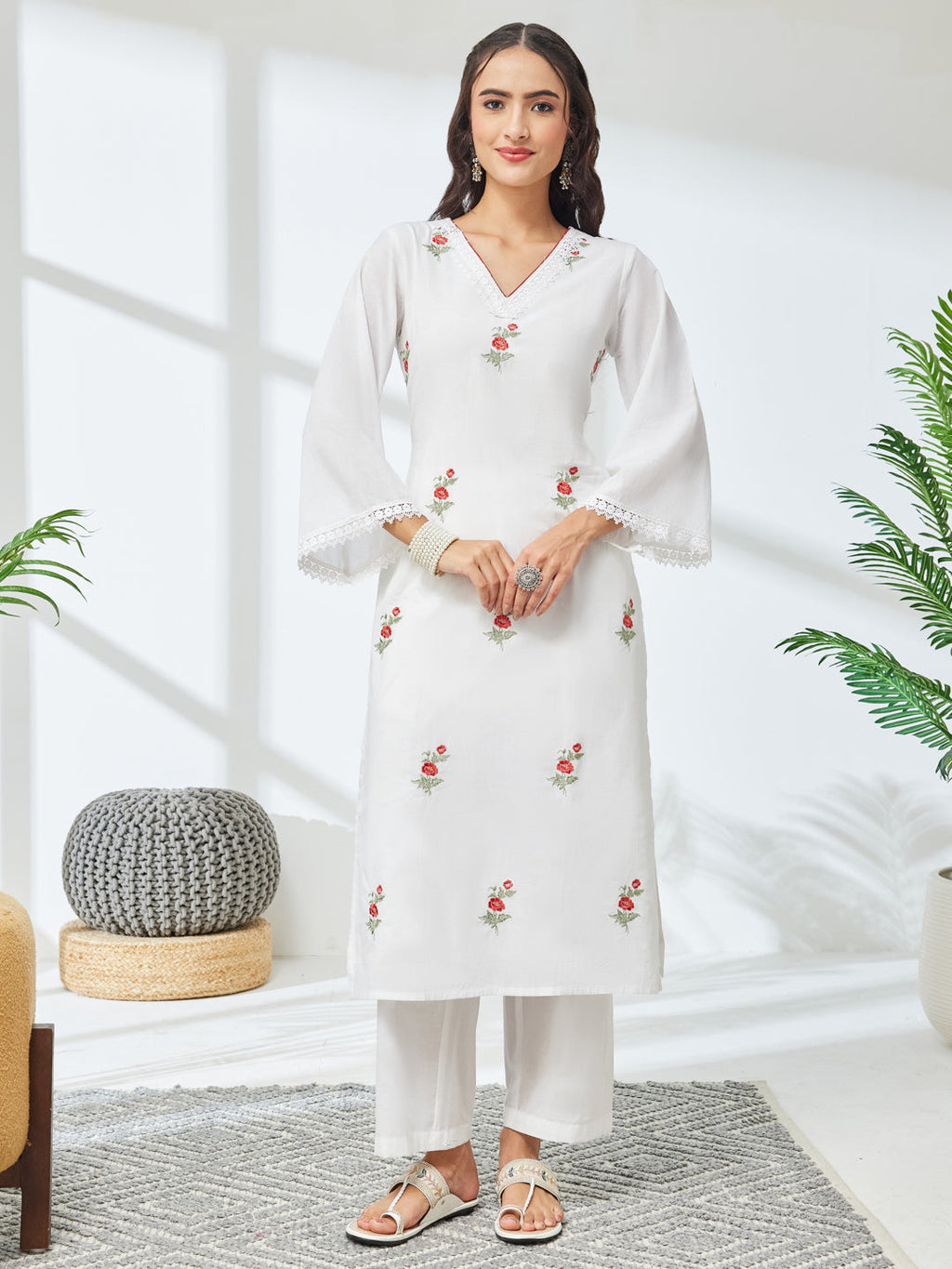 Janasya White Straight Cotton Kurta & Bottom | Grocsy