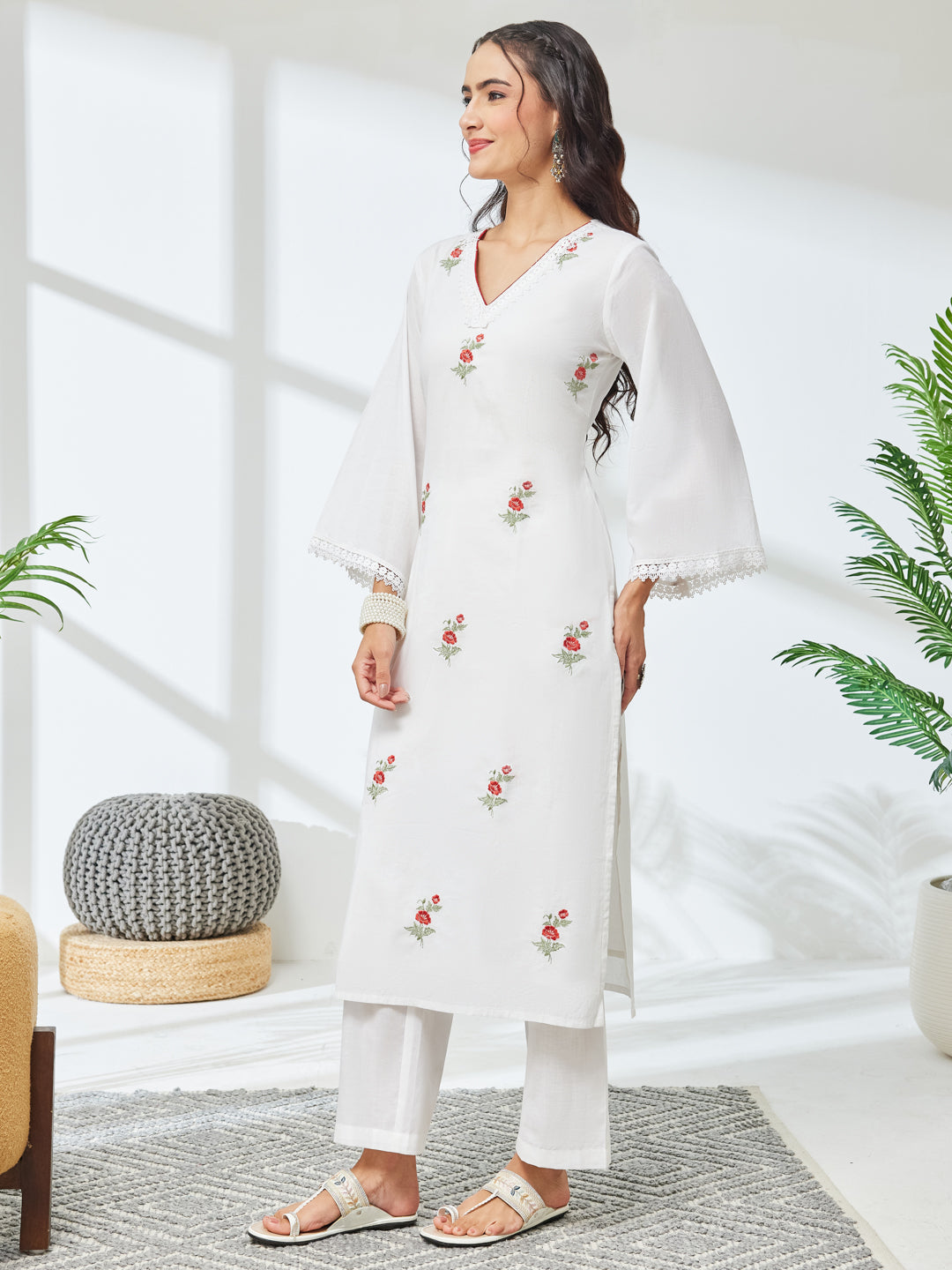 Janasya White Straight Cotton Kurta & Bottom | Grocsy