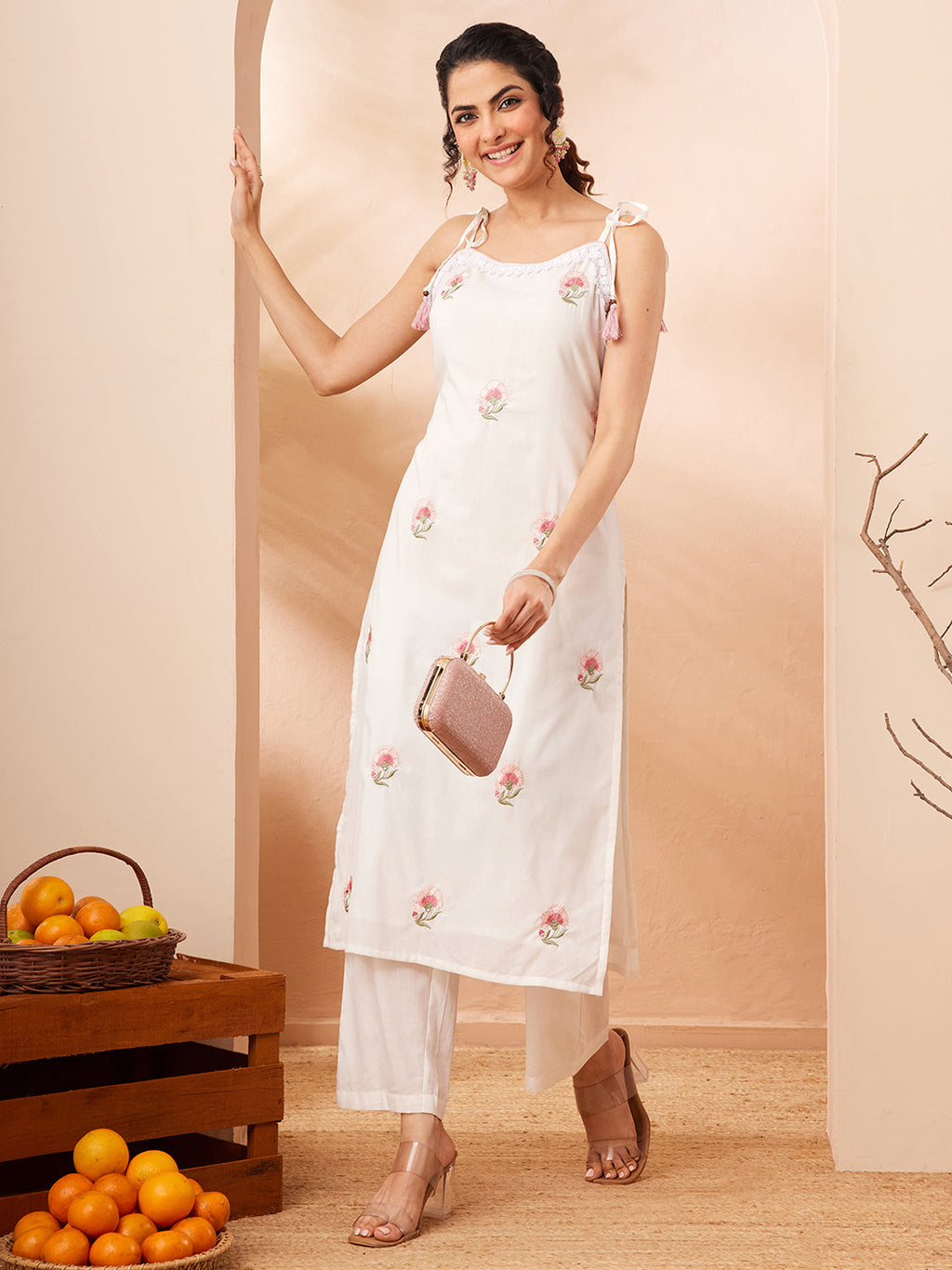 Janasya White Straight Cotton Kurta & Bottom | Grocsy