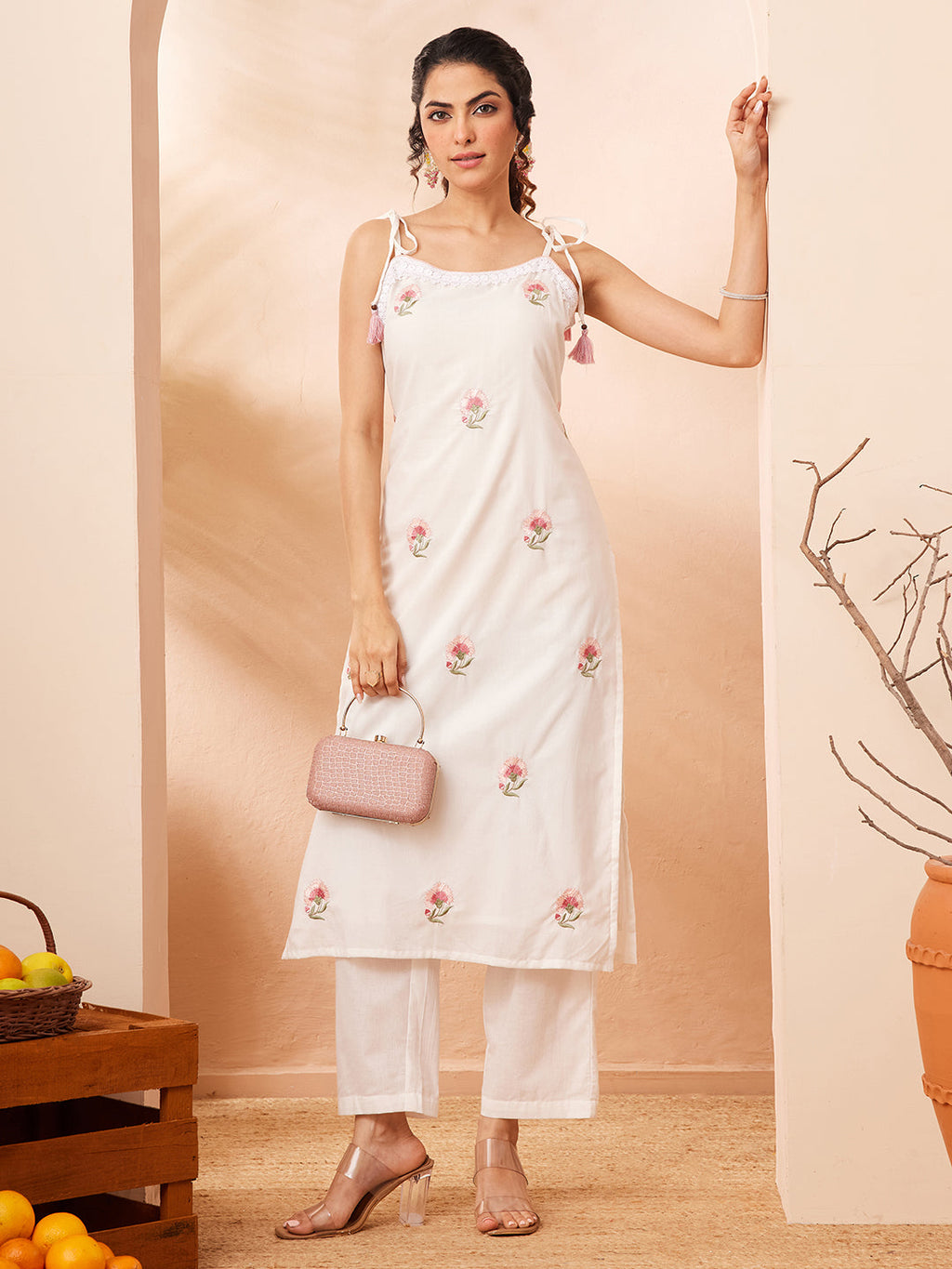Janasya White Straight Cotton Kurta & Bottom | Grocsy