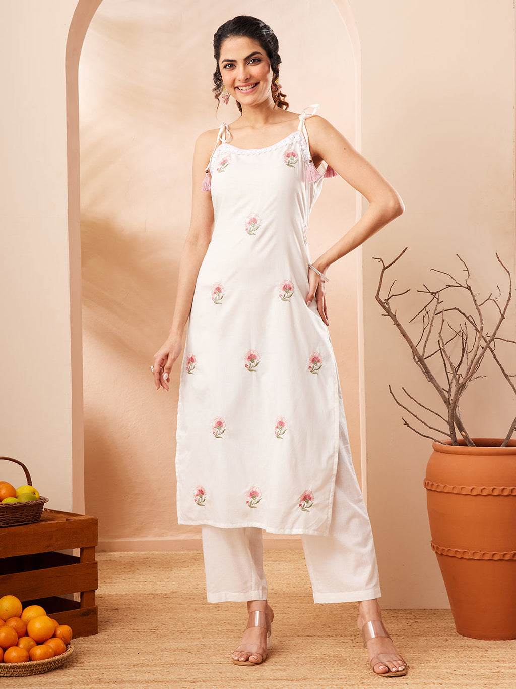 Janasya White Straight Cotton Kurta & Bottom | Grocsy