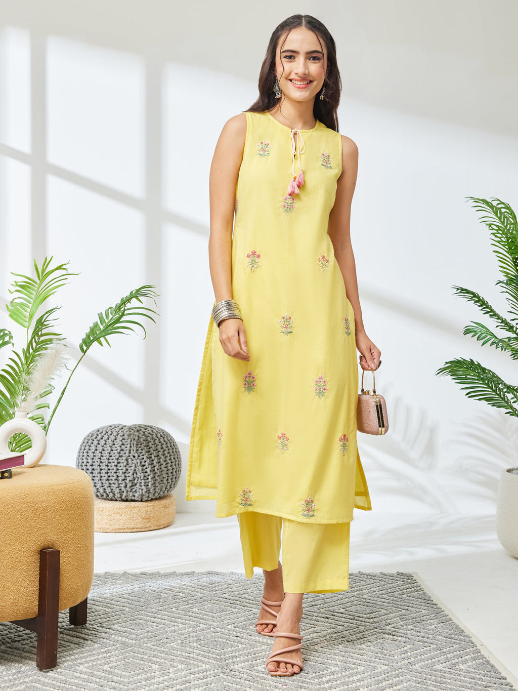 Janasya Yellow Straight Cotton Kurta & Bottom | Grocsy
