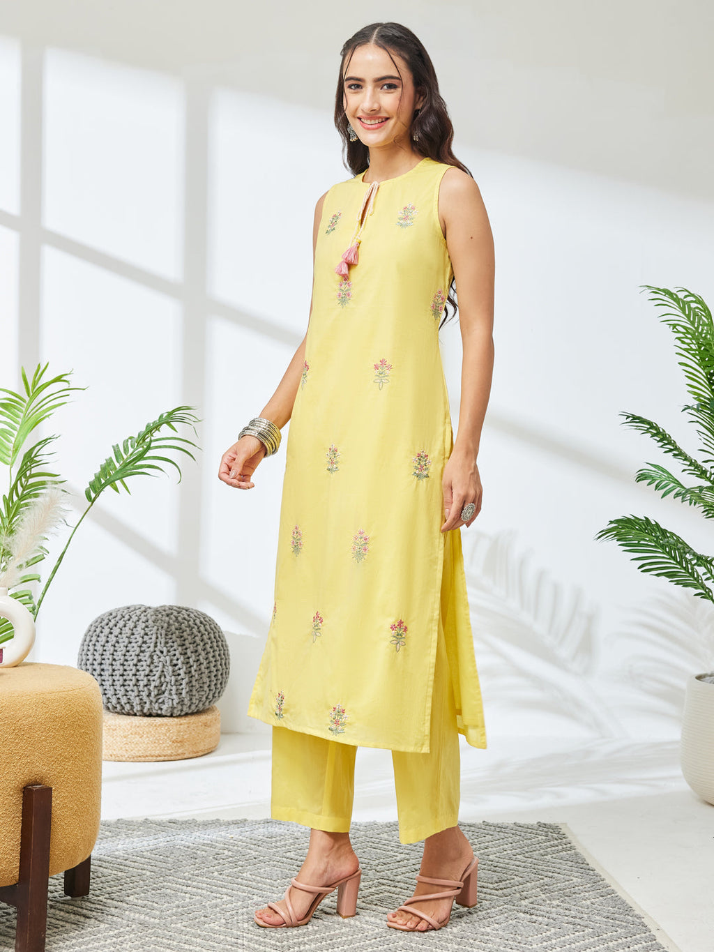 Janasya Yellow Straight Cotton Kurta & Bottom | Grocsy
