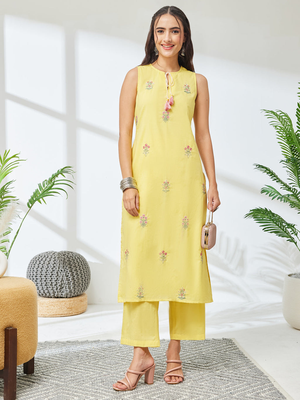 Janasya Yellow Straight Cotton Kurta & Bottom | Grocsy