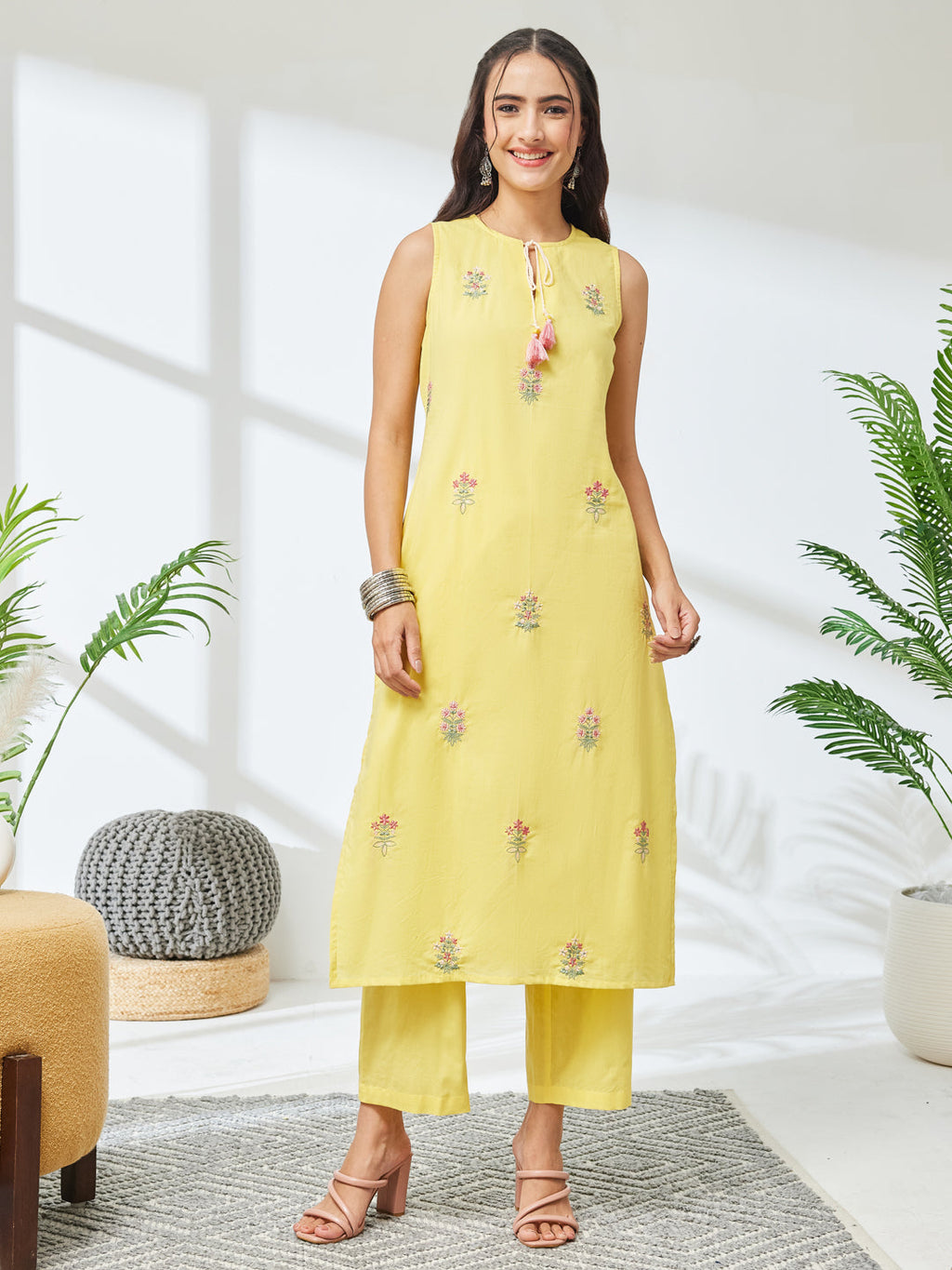 Janasya Yellow Straight Cotton Kurta & Bottom | Grocsy