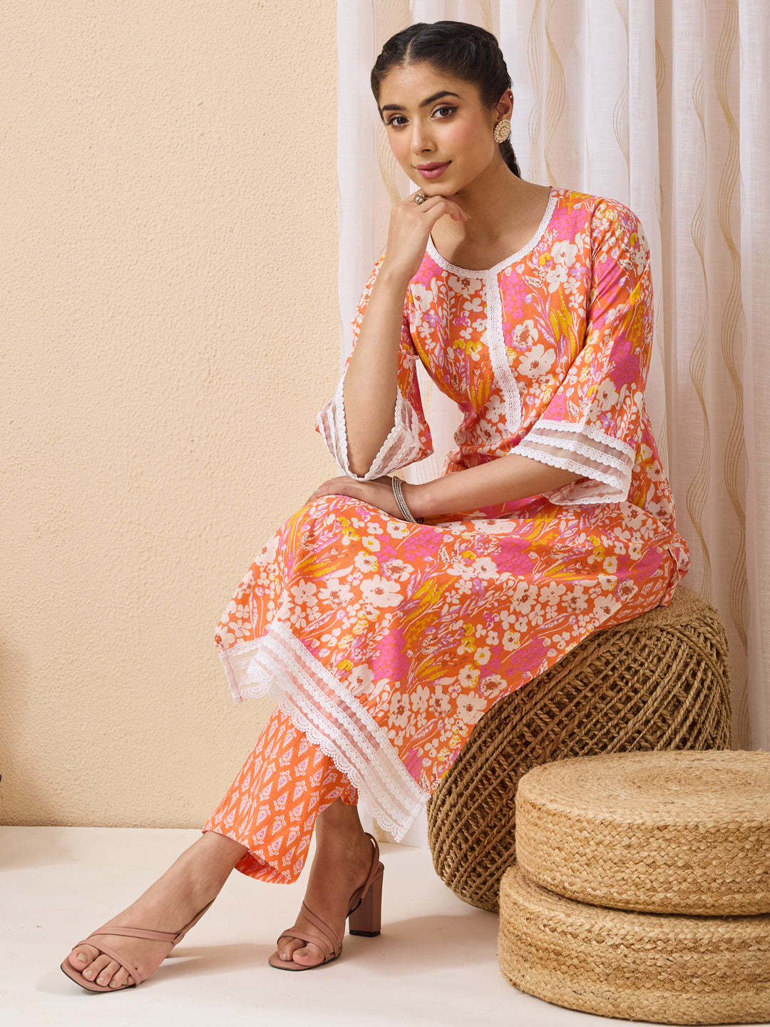 Janasya Orange Straight Cotton Kurta & Bottom | Grocsy
