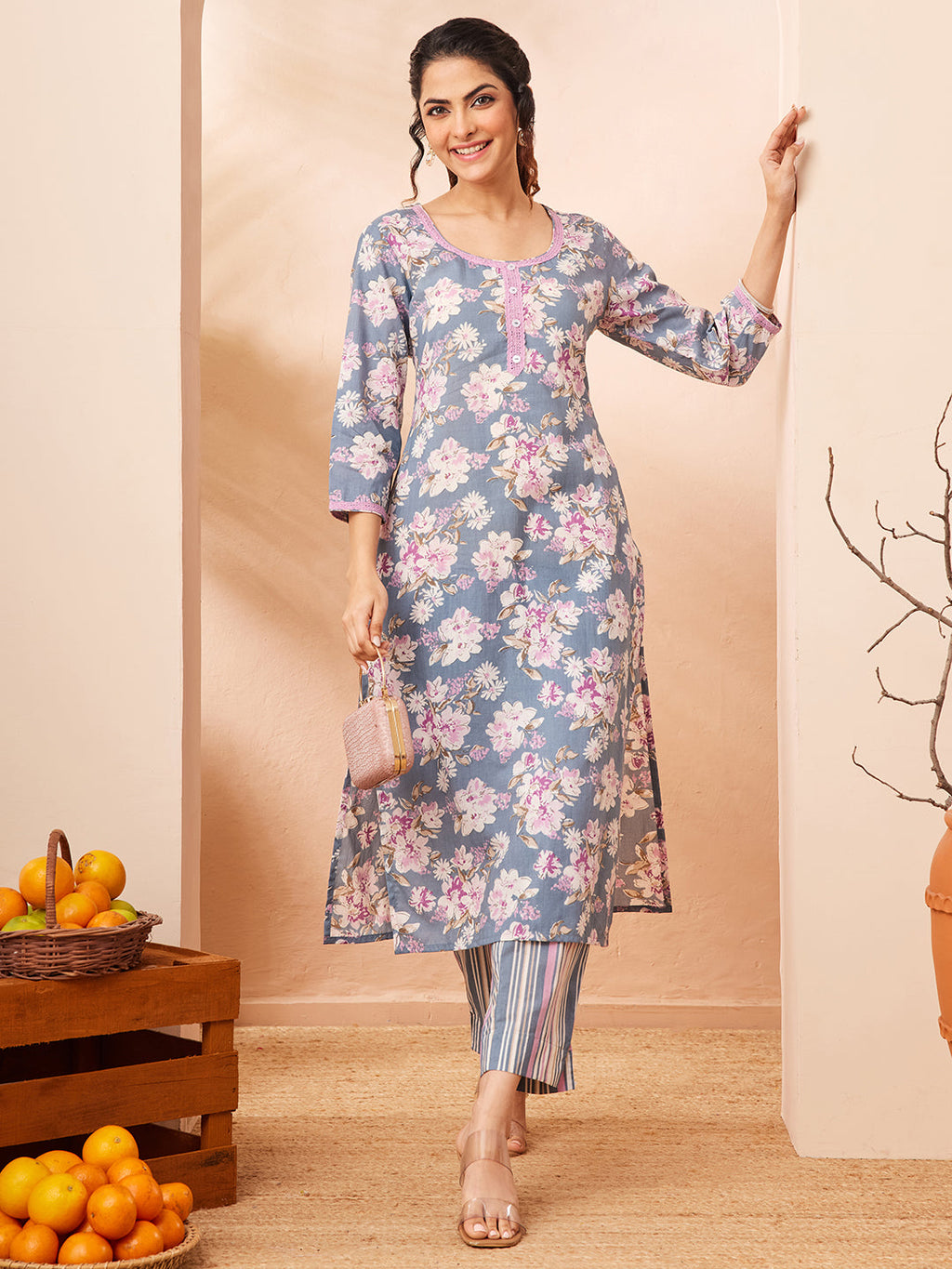 Janasya Grey Straight Cotton Kurta & Bottom | Grocsy