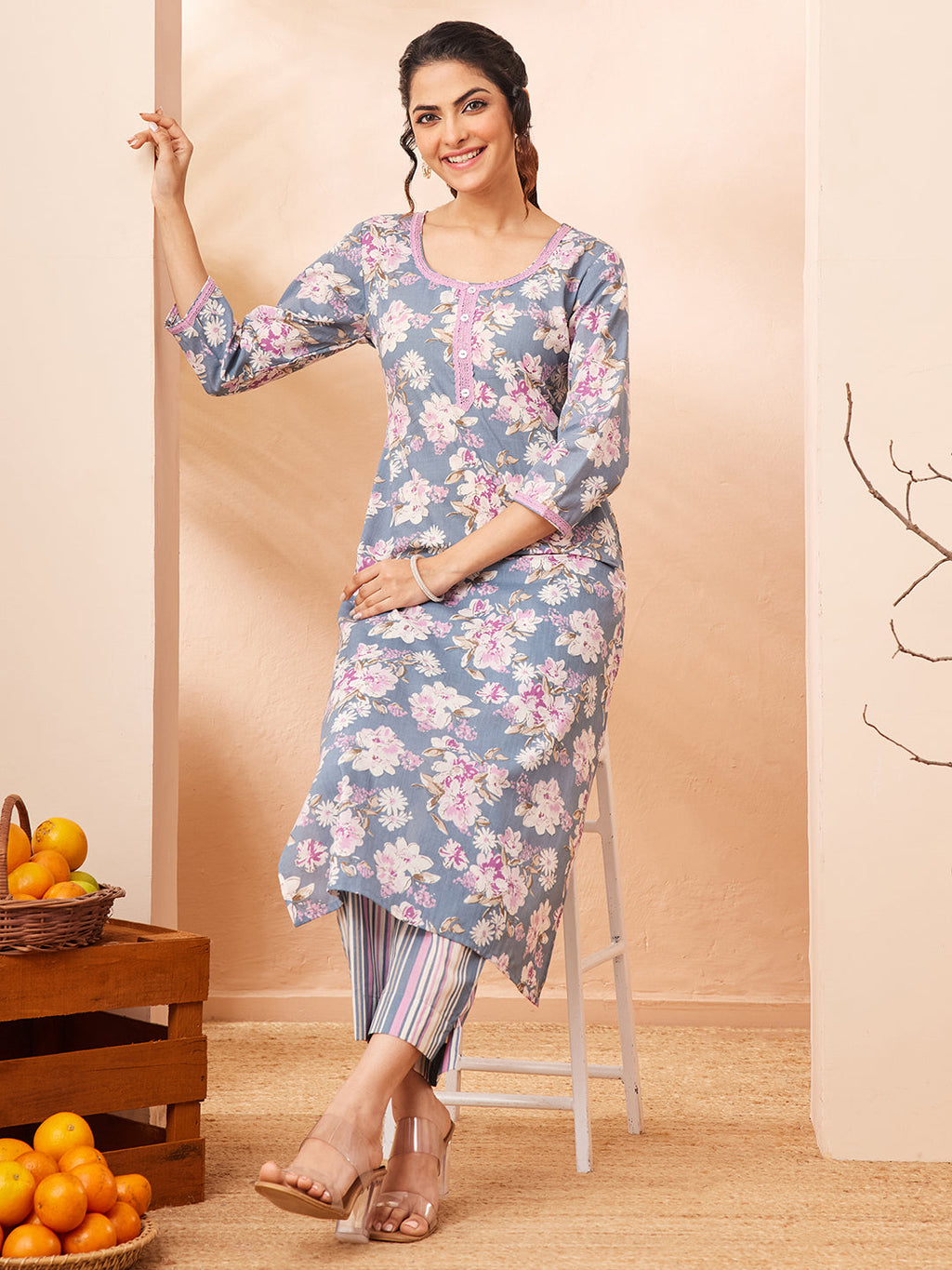 Janasya Grey Straight Cotton Kurta & Bottom | Grocsy