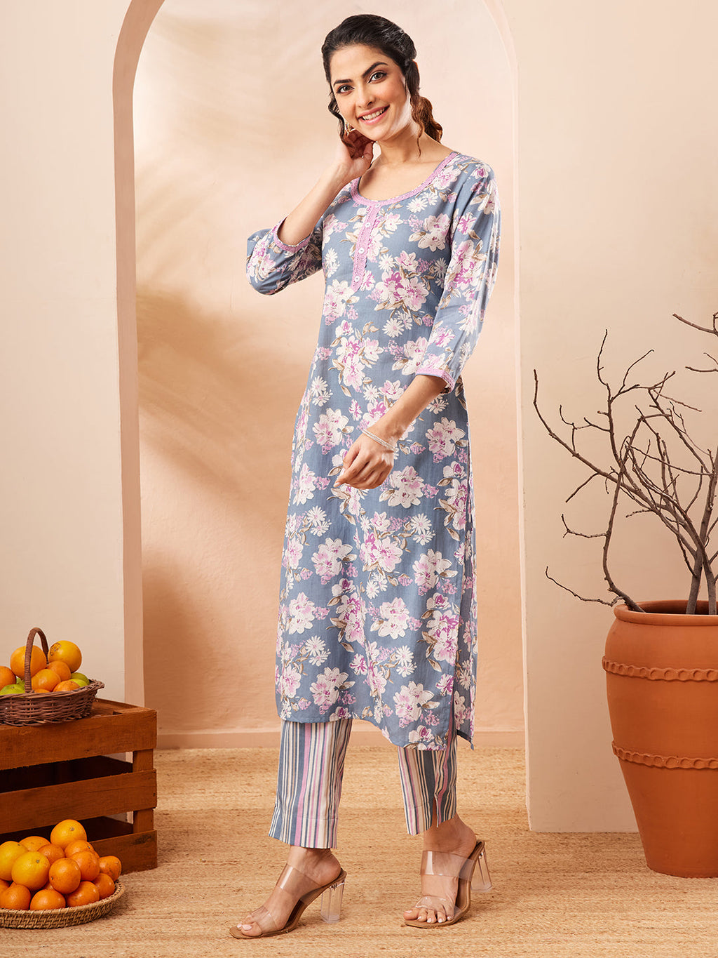 Janasya Grey Straight Cotton Kurta & Bottom | Grocsy