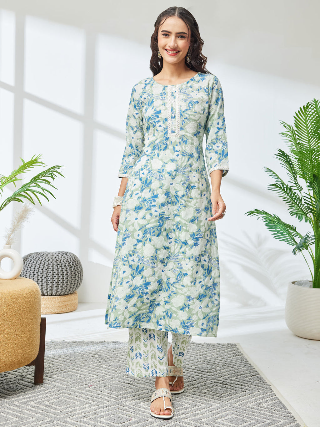 Janasya Sage Straight Cotton Kurta & Bottom | Grocsy