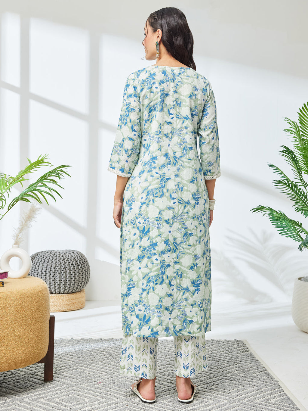 Janasya Sage Straight Cotton Kurta & Bottom | Grocsy